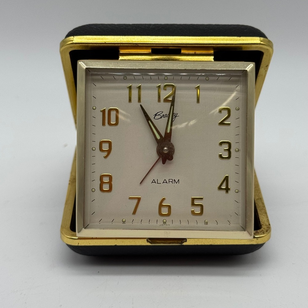 Vintage Brady Mechanical Wind Up Folding Travel Alarm Clock Clamshell Case Mint
